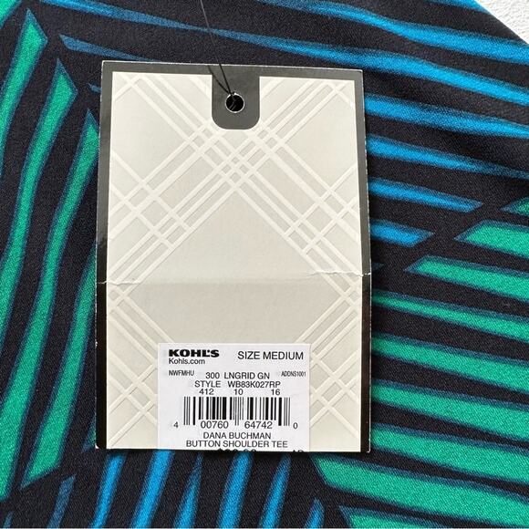Dana Buchman Tunic Top Green Blue Black Geo Print Scoop Neck Short Sleeve Medium - Picture 10 of 12